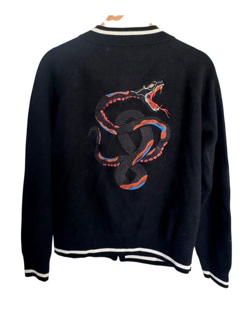 The Kooples Men's M Black Bomber Jacket Snake Embroidery Merino Wool Blend